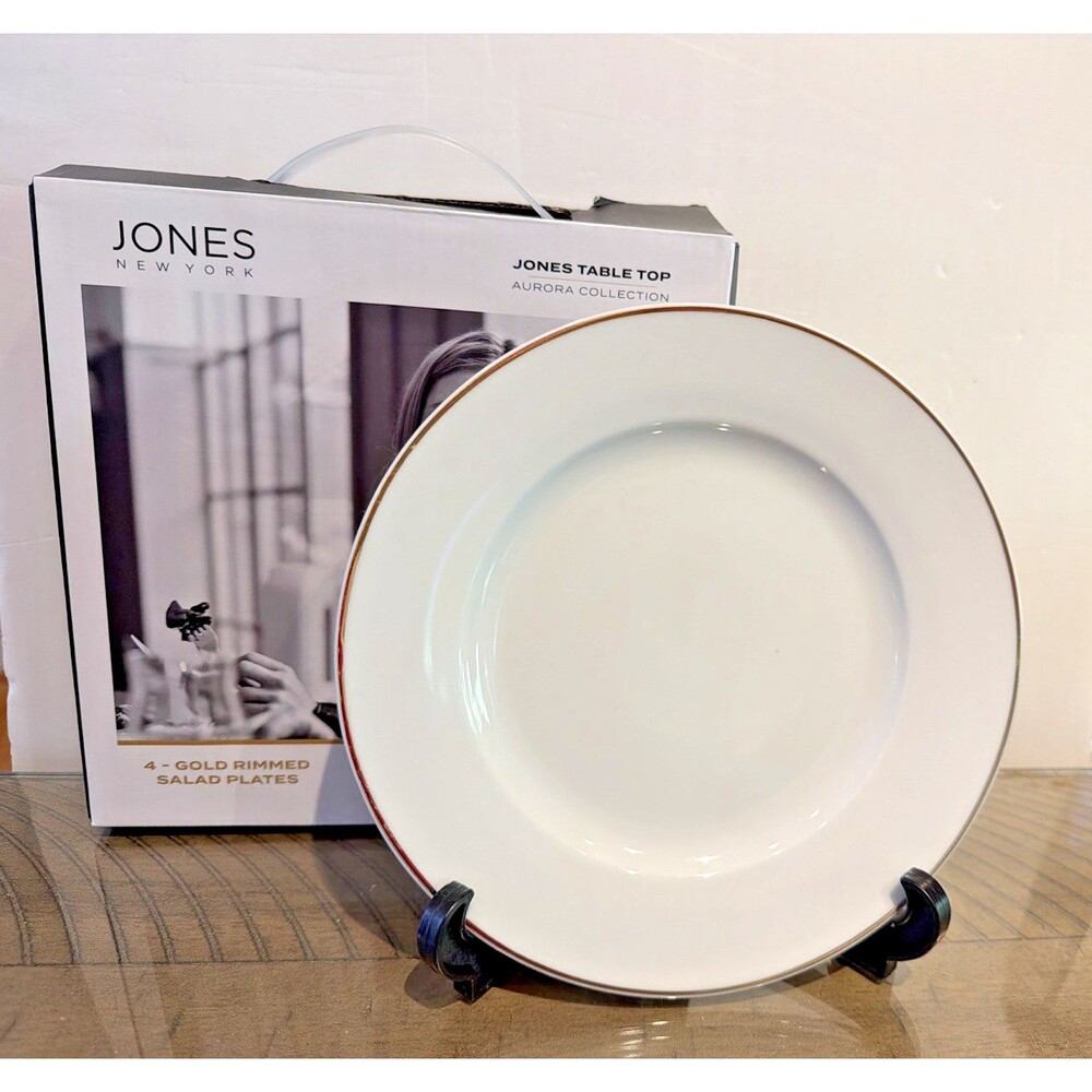 jones new york aurora salad plate plates gold trim white 8.5" set of 4